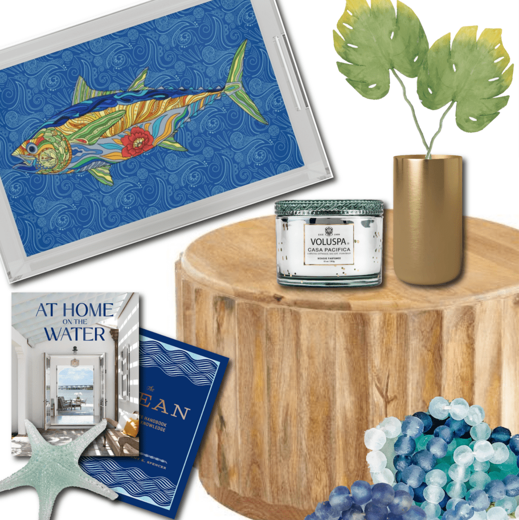 Collage of products to decorate a coastal themed coffee table