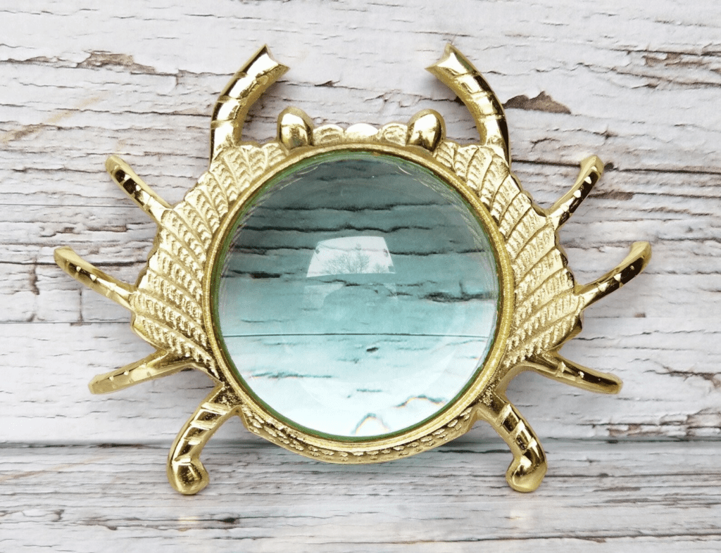 gold crab with magnifying glass as a unique ocean themed gift