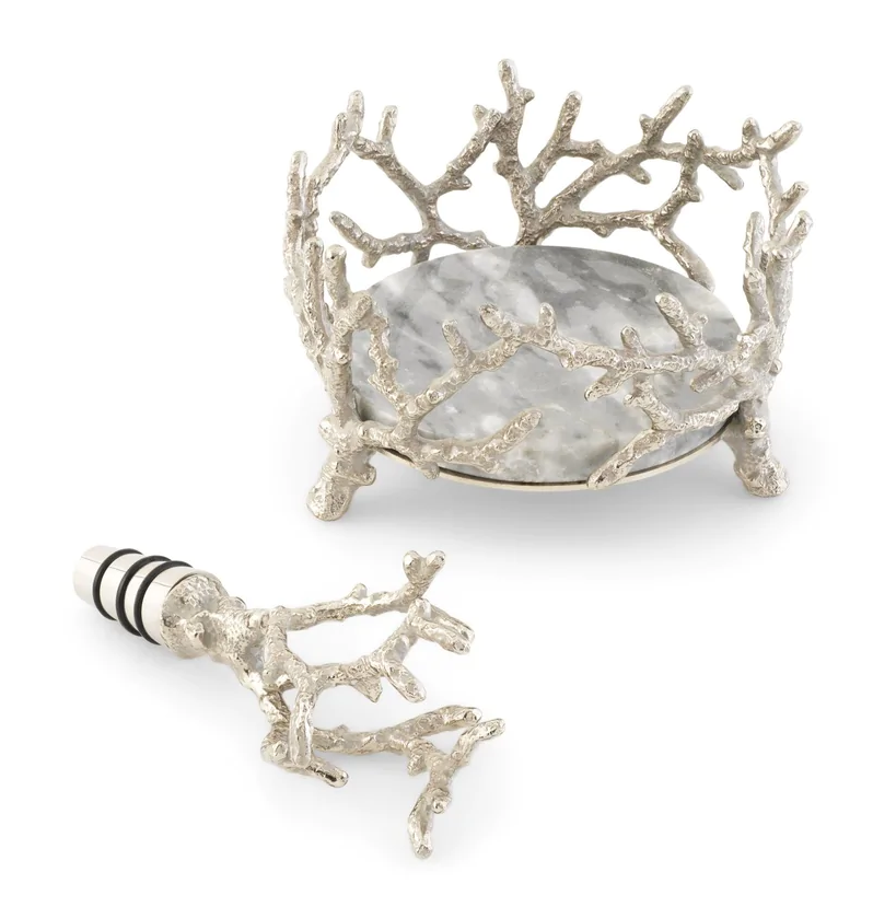 wine coaster and wine stopper in silver coral as classy ocean gift