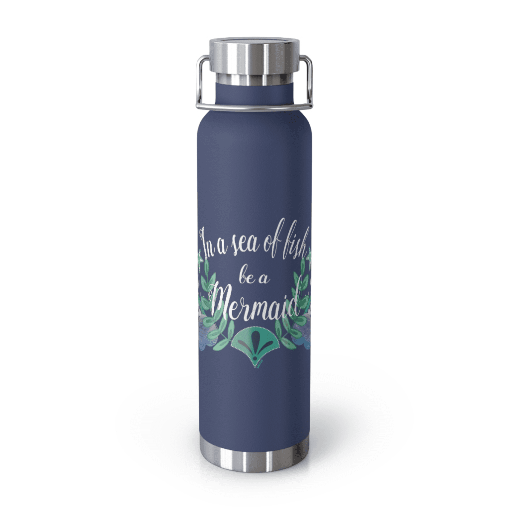 navy water bottle with ocean artwork and white text that says "in a sea of fish, be a mermaid"