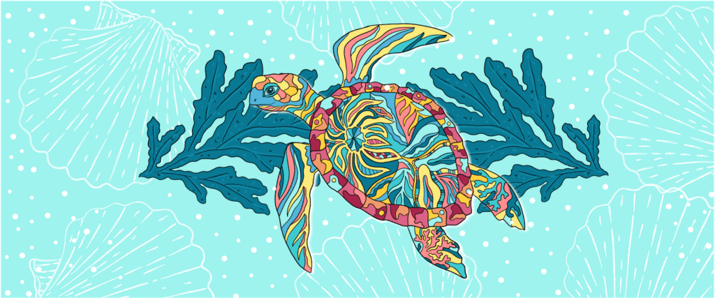 Saltsy sea turtle art showing colorful sea turtle on turquoise background with white dots and shells, vector graphic style