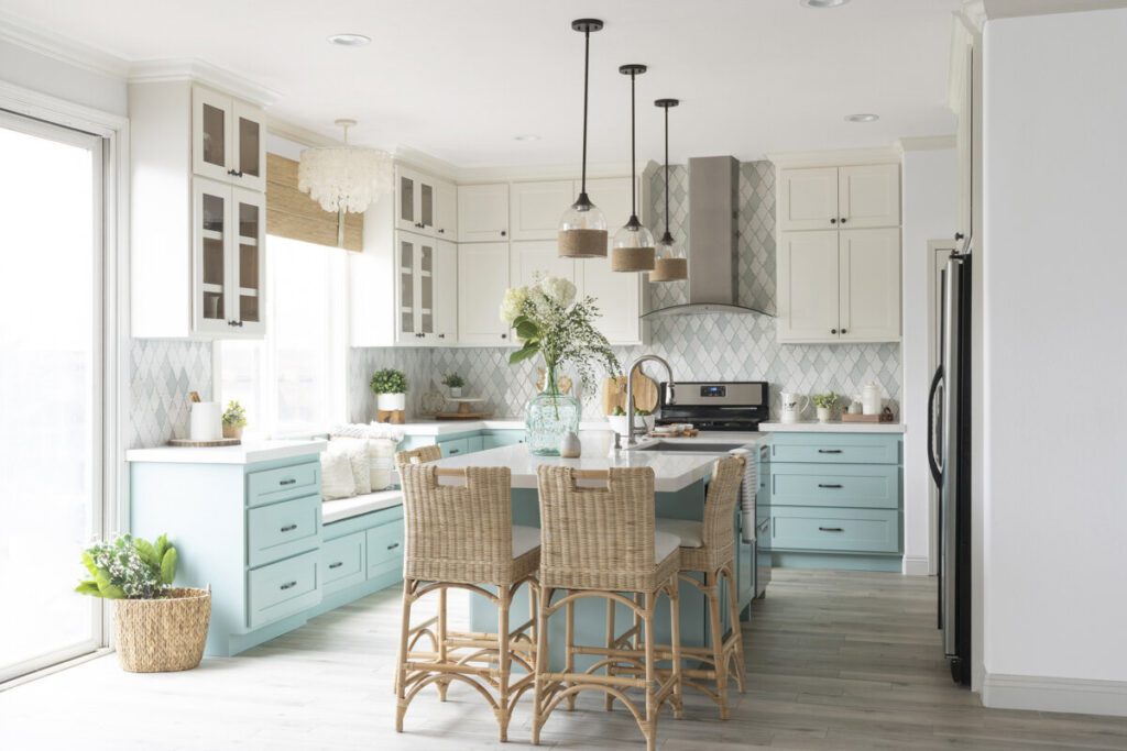 coastal kitchen with blue cabinets