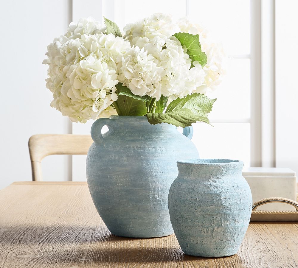textural blue vases - coastal farmhouse aesthetic
