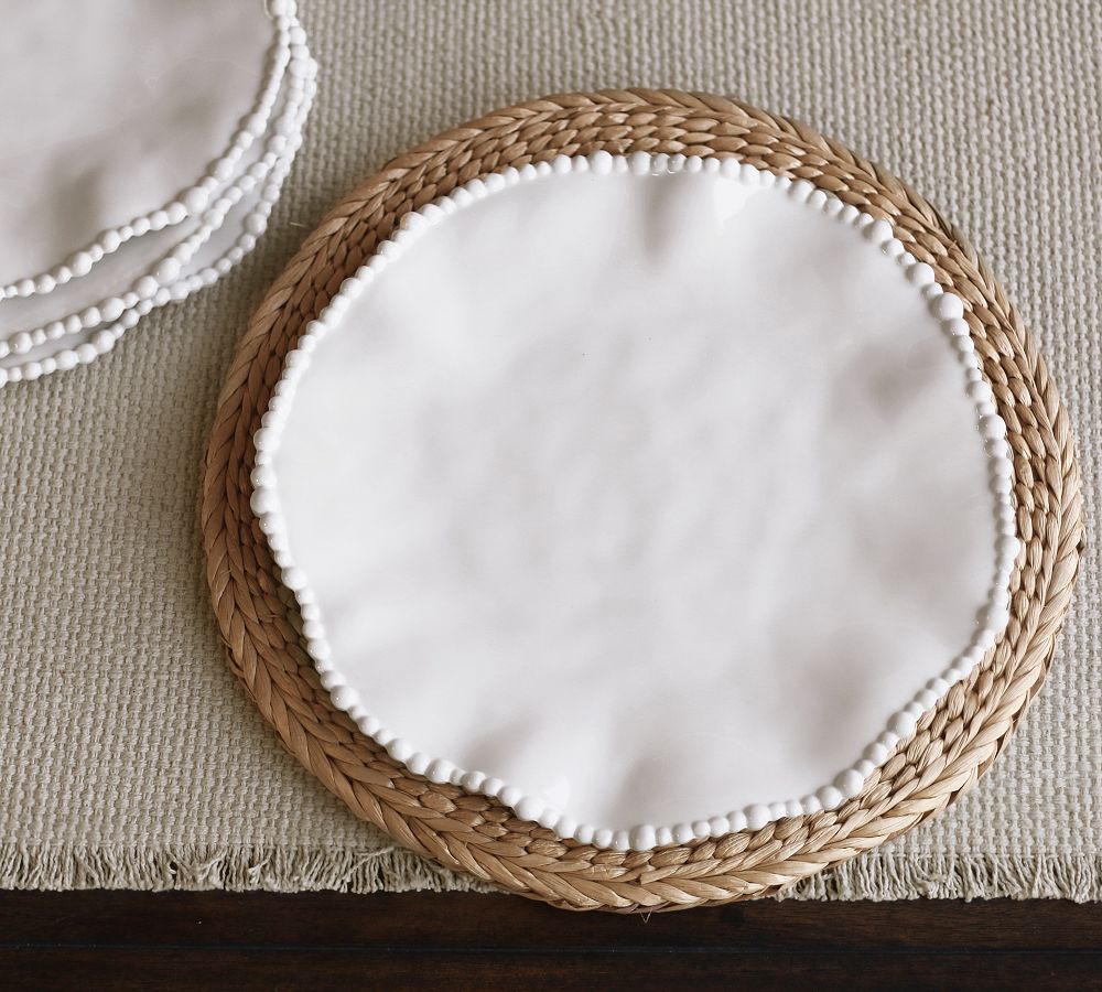 white melamine dinner plate from pottery barn