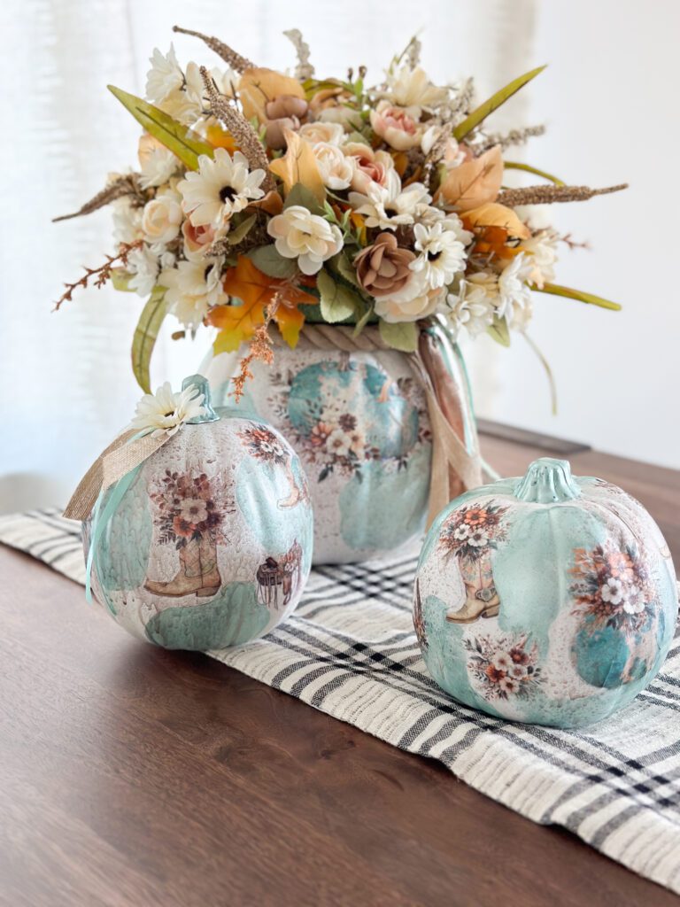 Cowgirl Autumn Bliss: DIY Coastal Cowgirl Decoupage Pumpkins with Aqua Cowhide & Western Charm