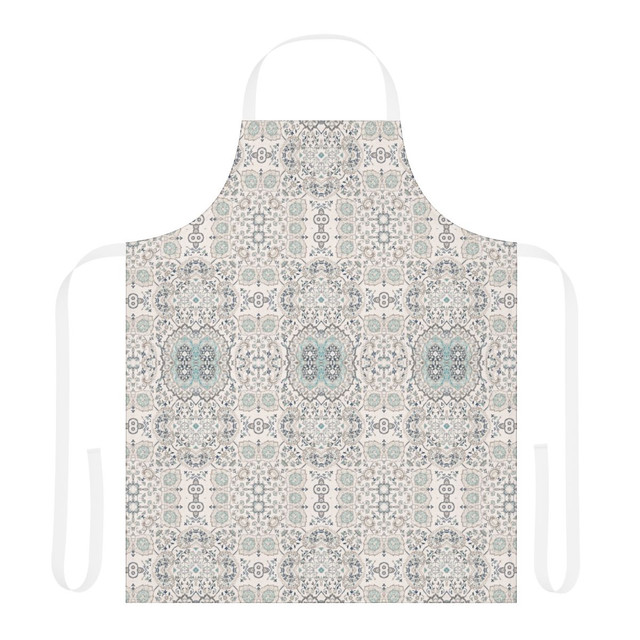 Apron with Damask pattern in white, cream, green, and blue