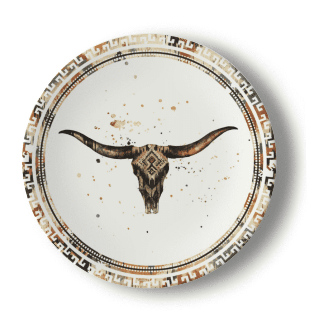 Dinner plate with southwestern border and feature longhorn graphic design