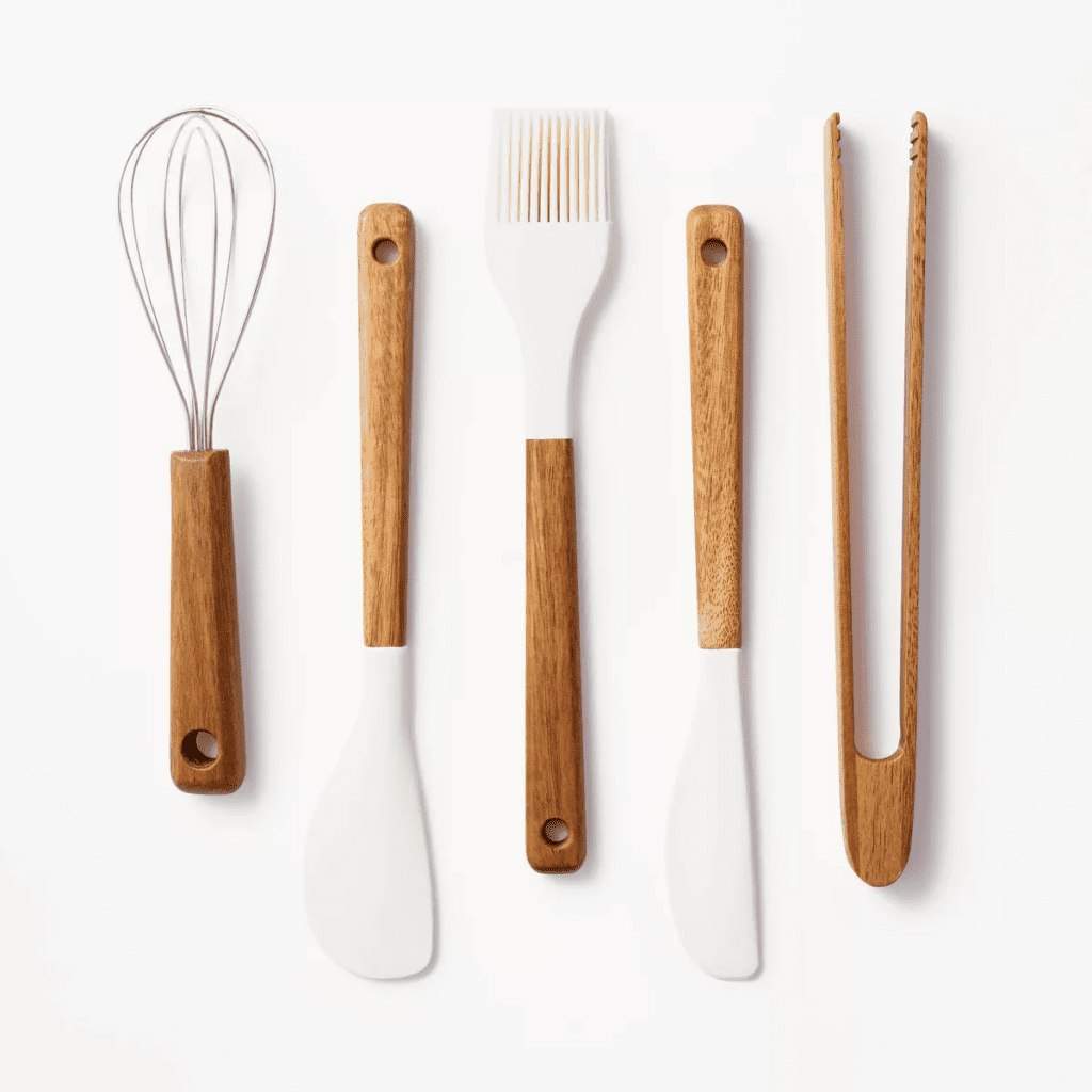 5 piece Acacia and white silicone cooking utensil set