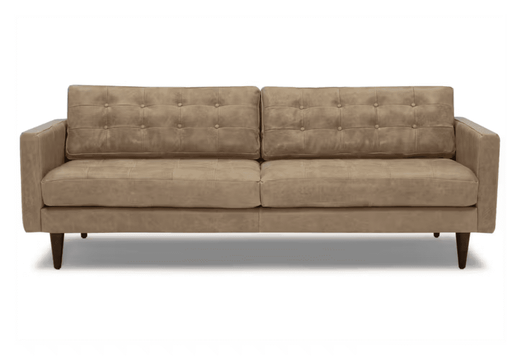 Brown leather sofa with wood legs